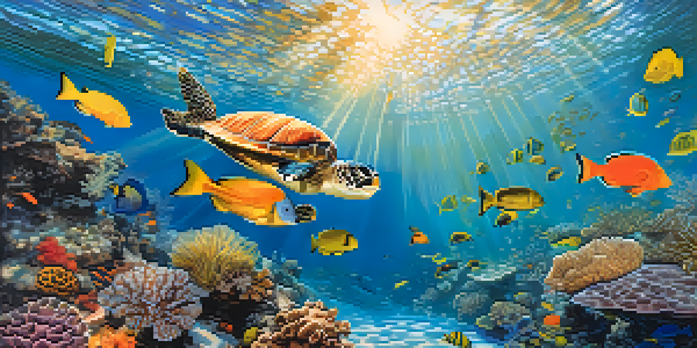 A vibrant underwater scene of Florida's coral reefs, featuring colorful fish, sea turtles, and diverse corals, with sunlight creating beautiful light patterns in the water.
