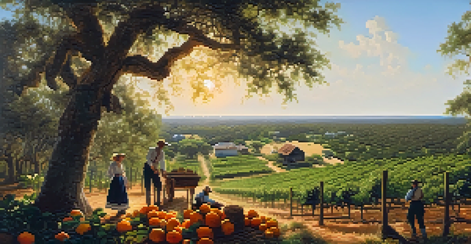A scenic view of early 19th-century Florida with citrus groves, settlers in period clothing, and a wooden cabin under a bright blue sky.