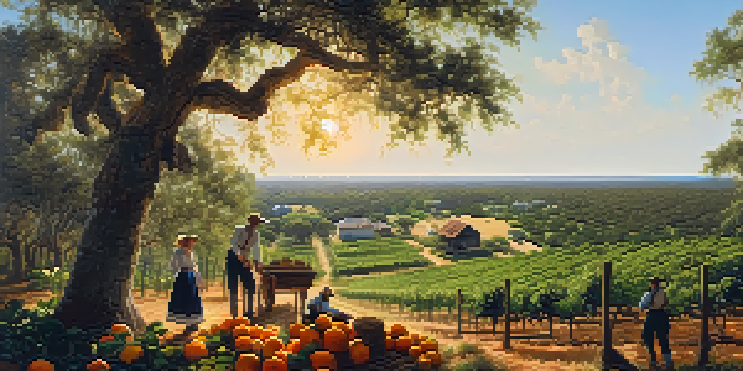 A scenic view of early 19th-century Florida with citrus groves, settlers in period clothing, and a wooden cabin under a bright blue sky.