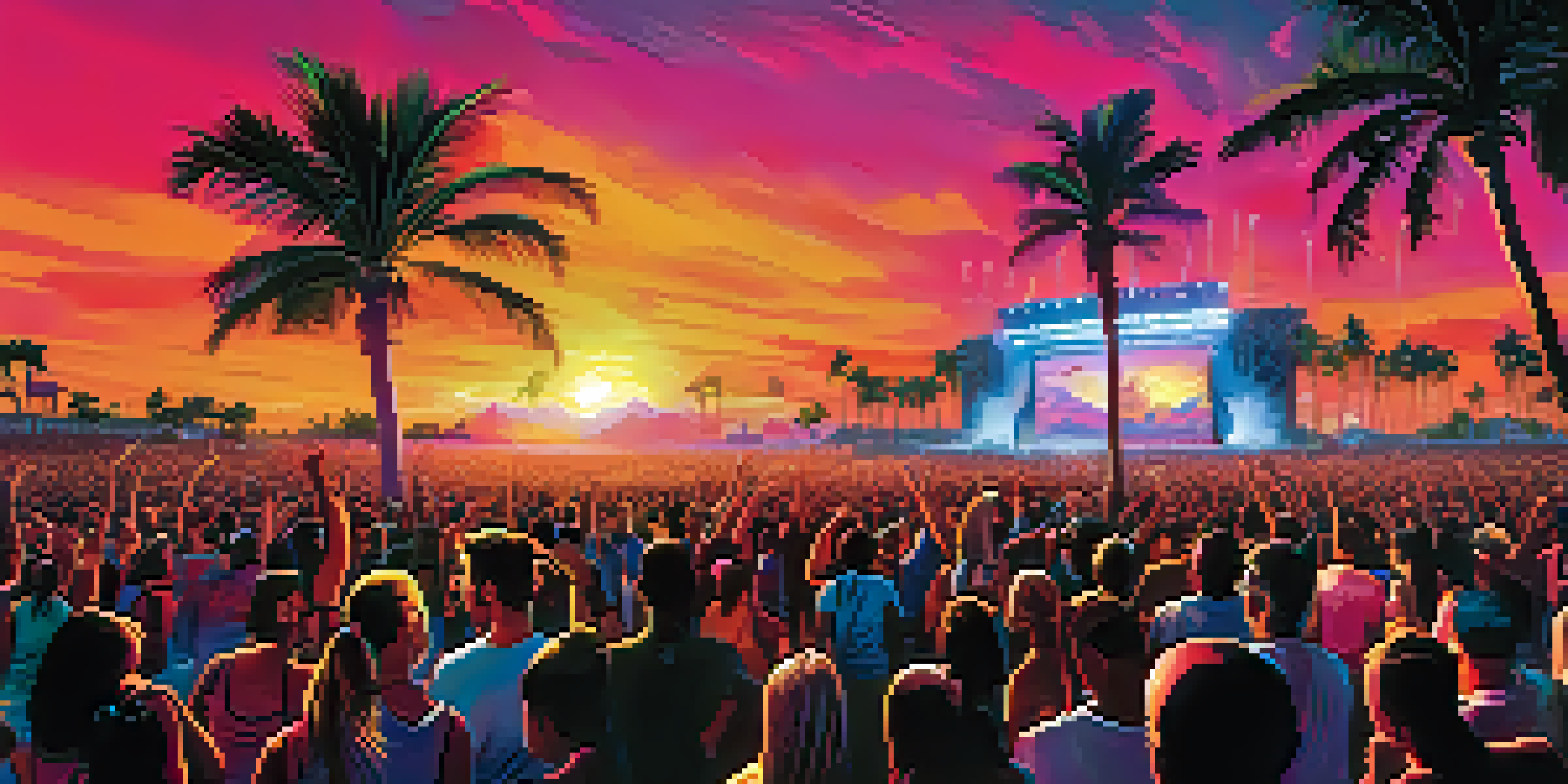 A large crowd enjoying the Ultra Music Festival in Miami, with colorful lights and a sunset in the background.