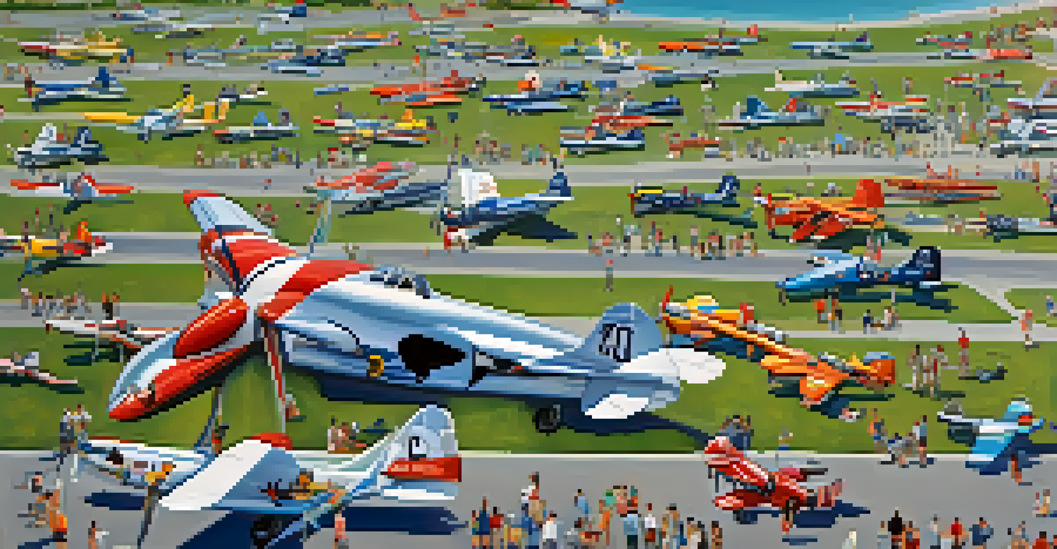 An aerial view of the Florida International Air Show, with planes performing aerobatics and families enjoying food and crafts below.