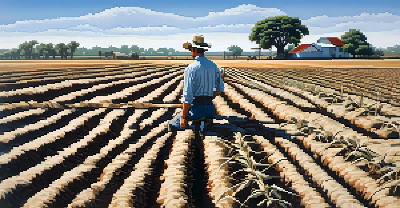 A farmer standing in a drought-affected field in Florida, observing wilting crops and cracked earth under a bright sky.