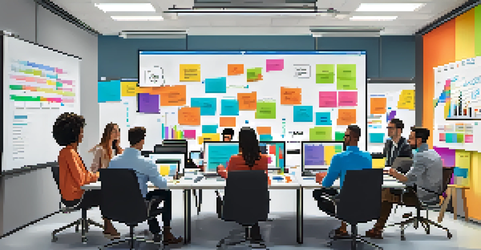 A diverse team of young professionals collaborating on a digital campaign strategy in a modern office, surrounded by laptops and colorful sticky notes.