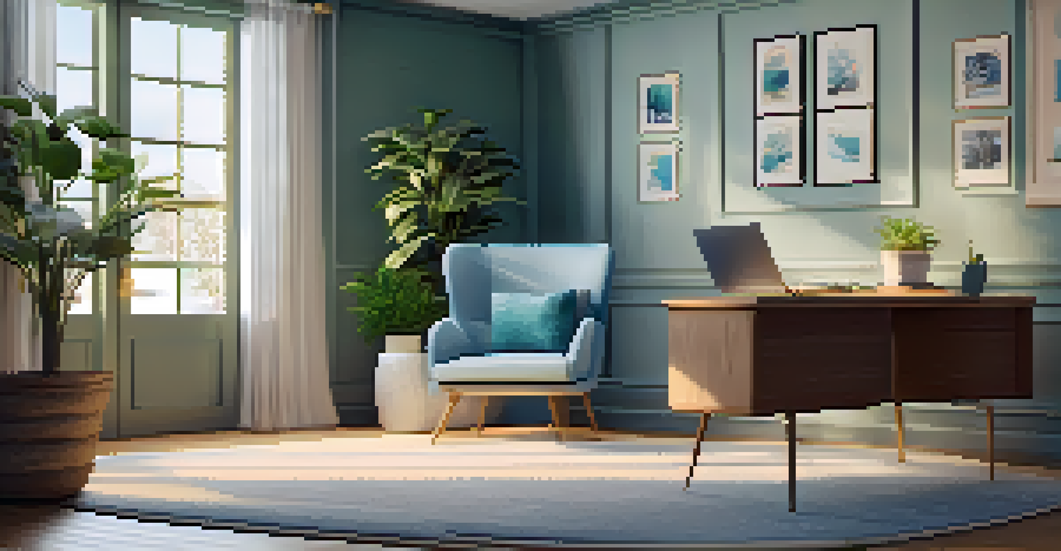 A cozy office space for teletherapy, with an armchair, plant, and computer screen in a calming color scheme.