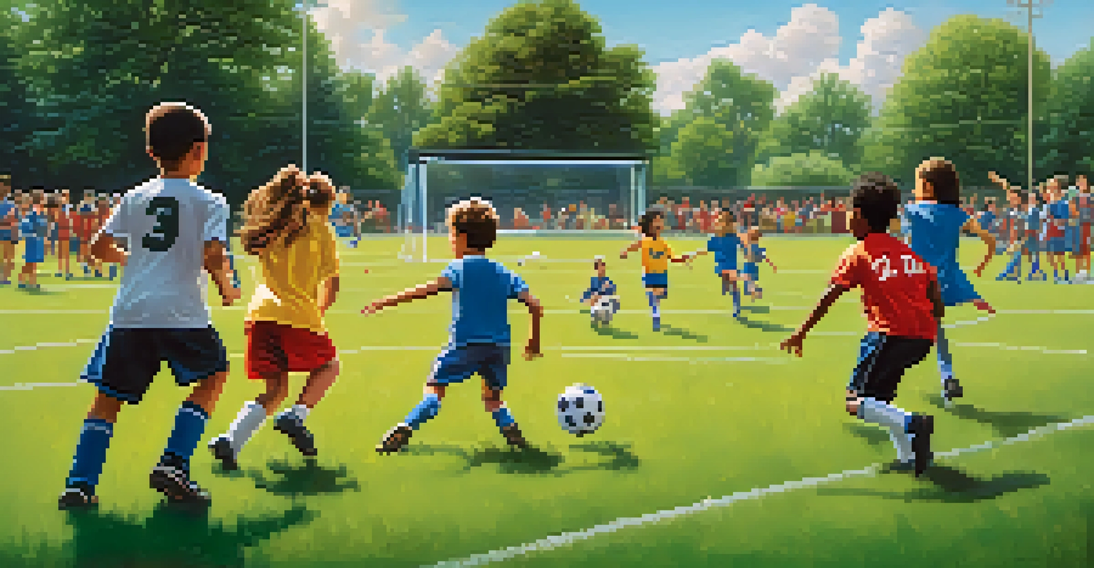Children of diverse backgrounds playing soccer in a youth sports program, wearing colorful uniforms, with parents cheering from the sidelines on a sunny day.