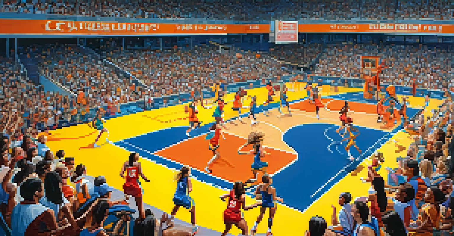 A vibrant scene of a women's basketball game in Florida, with female players in action and enthusiastic fans in the stands.