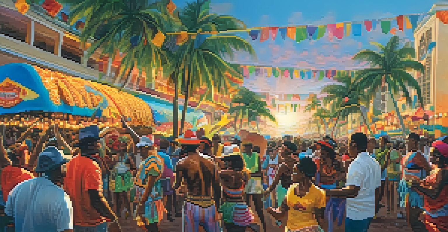 Participants in vibrant costumes dancing at the Miami Carnival, with colorful floats and a warm sunset in the background.