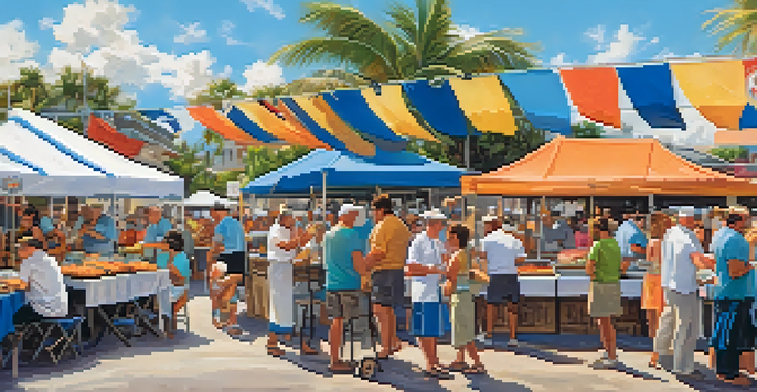A lively seafood festival in Florida with colorful stalls showcasing fresh seafood, sunny weather, and happy visitors sampling food.