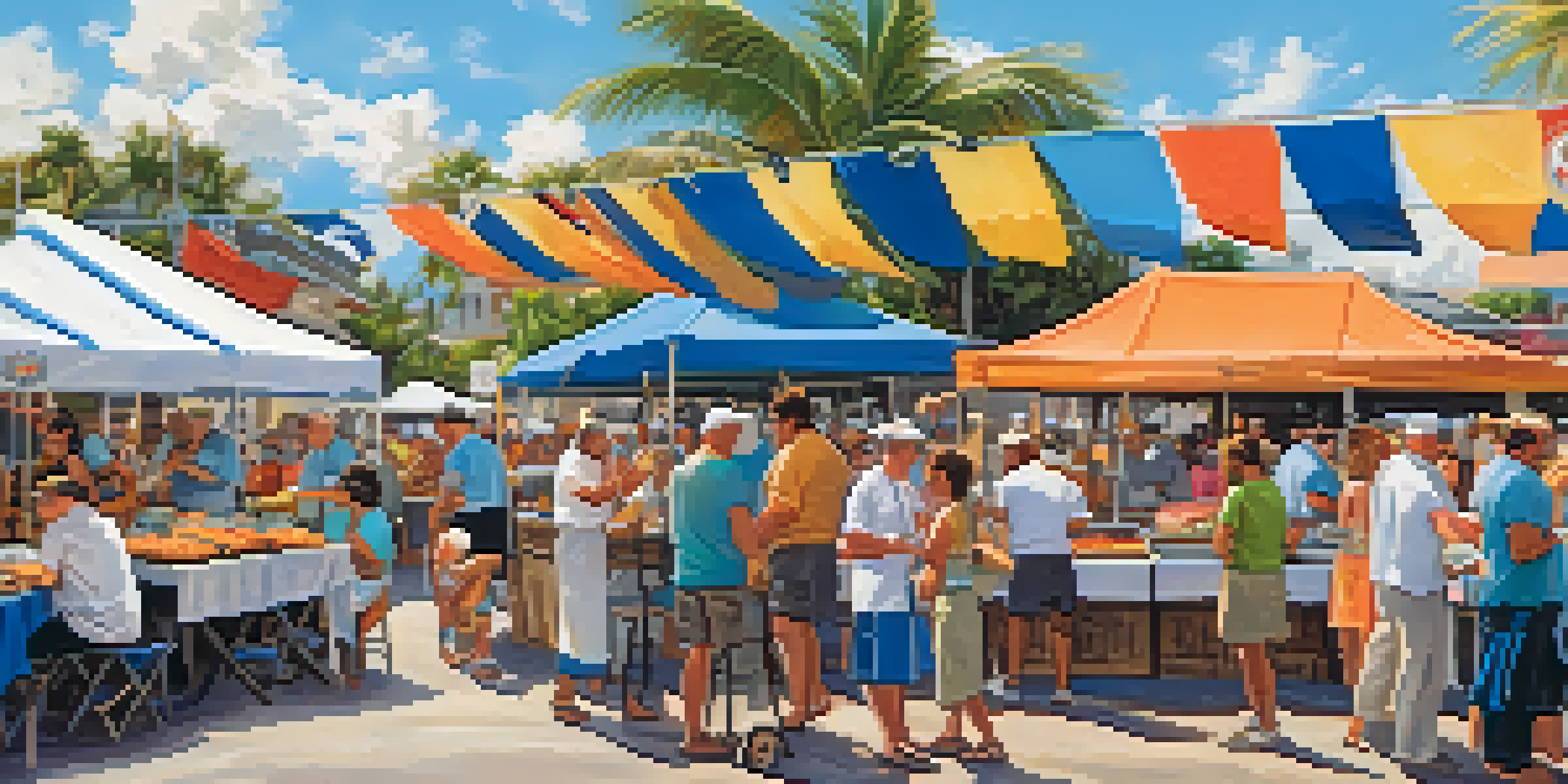 A lively seafood festival in Florida with colorful stalls showcasing fresh seafood, sunny weather, and happy visitors sampling food.
