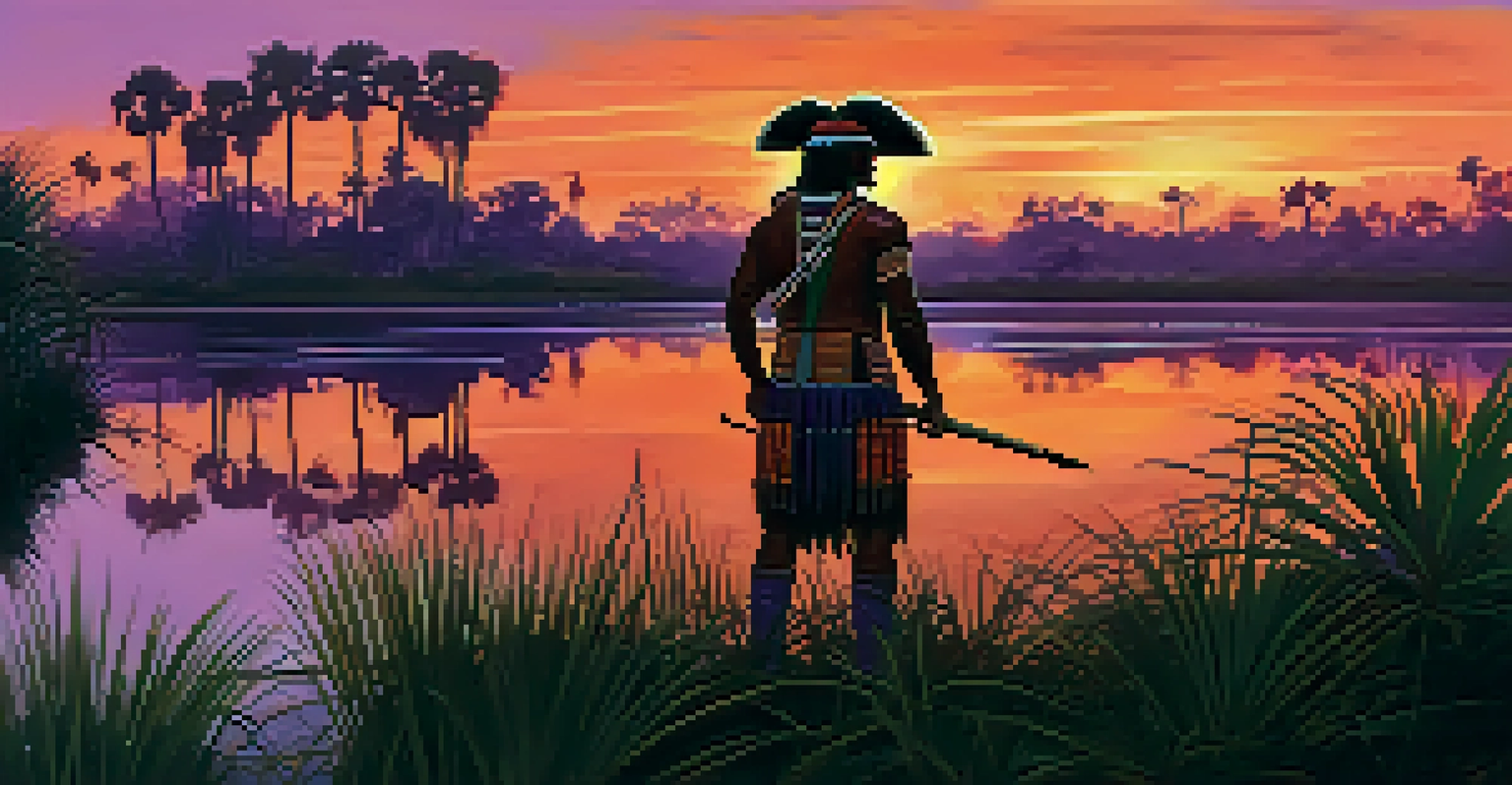 A Seminole warrior in traditional attire stands in a Florida swamp at sunset, surrounded by dense foliage and palm trees.
