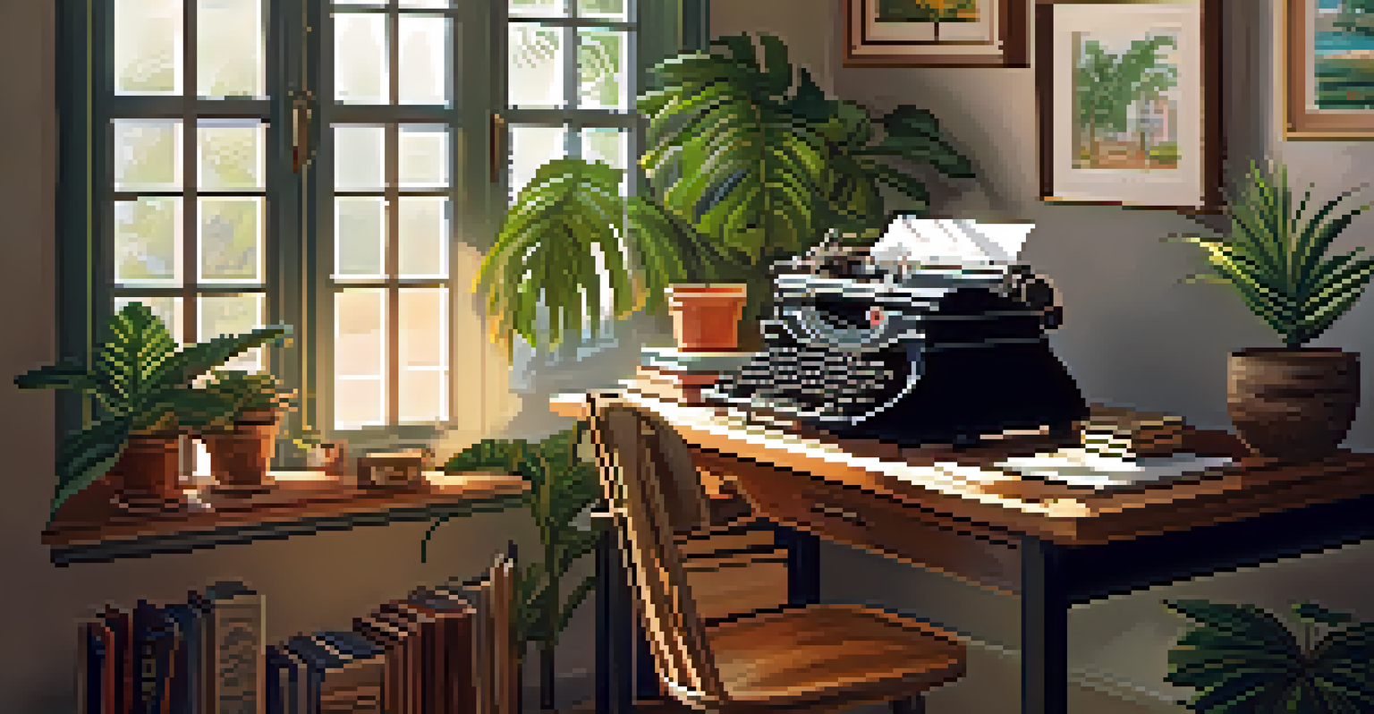 A cozy writing nook with a vintage typewriter, bookshelves, and sunlight streaming through a window with tropical plants.
