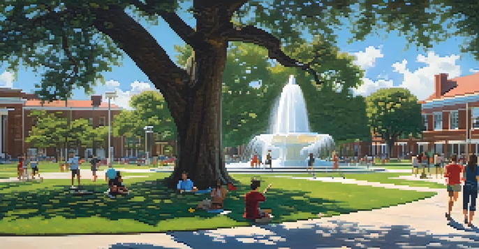 A lively campus scene at Florida State University with students studying and playing frisbee, and the Westcott Fountain in the background.