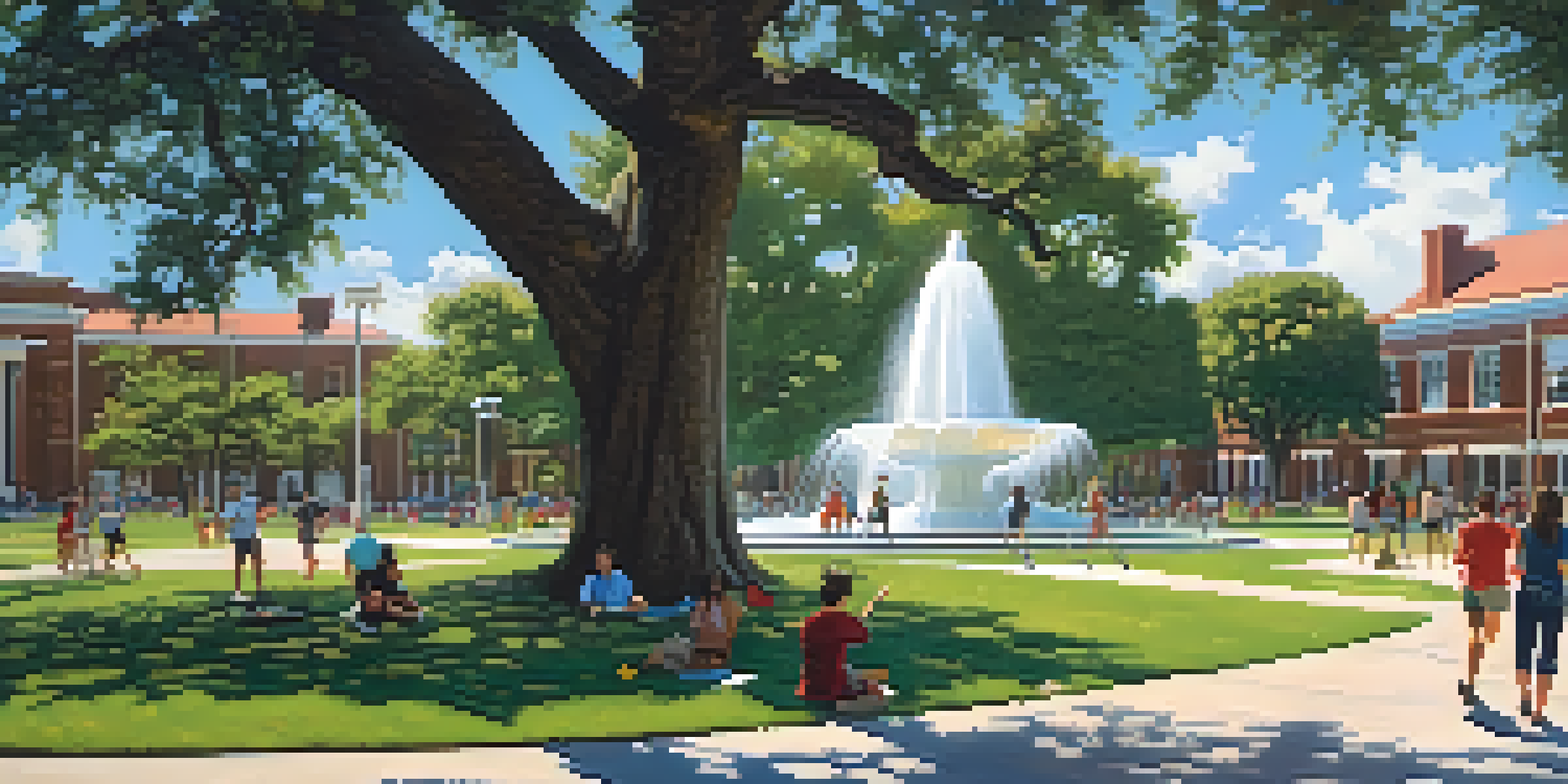 A lively campus scene at Florida State University with students studying and playing frisbee, and the Westcott Fountain in the background.
