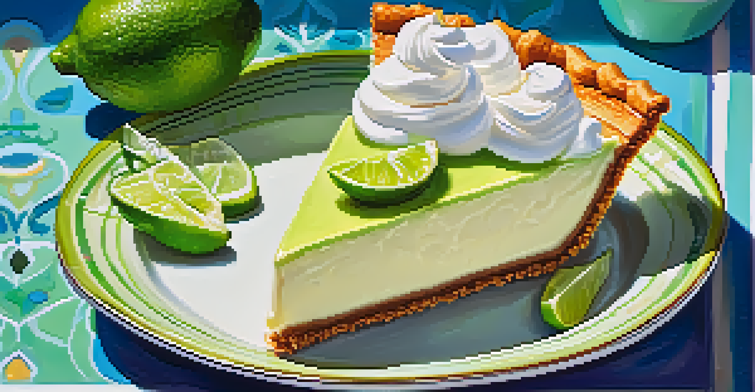 A slice of key lime pie with whipped cream and lime slice on a decorative plate.