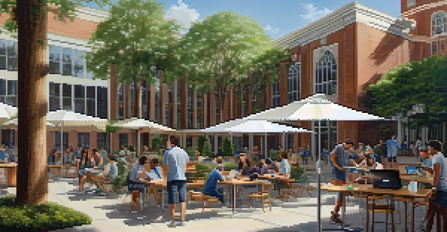 A sunny courtyard at Florida State University where students and local entrepreneurs are collaborating on ideas, with a banner promoting technology transfer in the background.