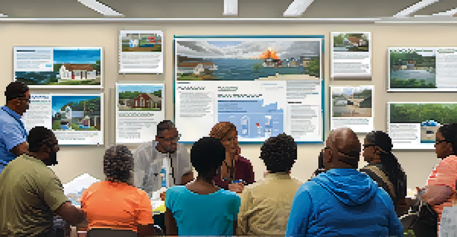 Community workshop on hurricane preparedness with diverse residents discussing emergency plans.