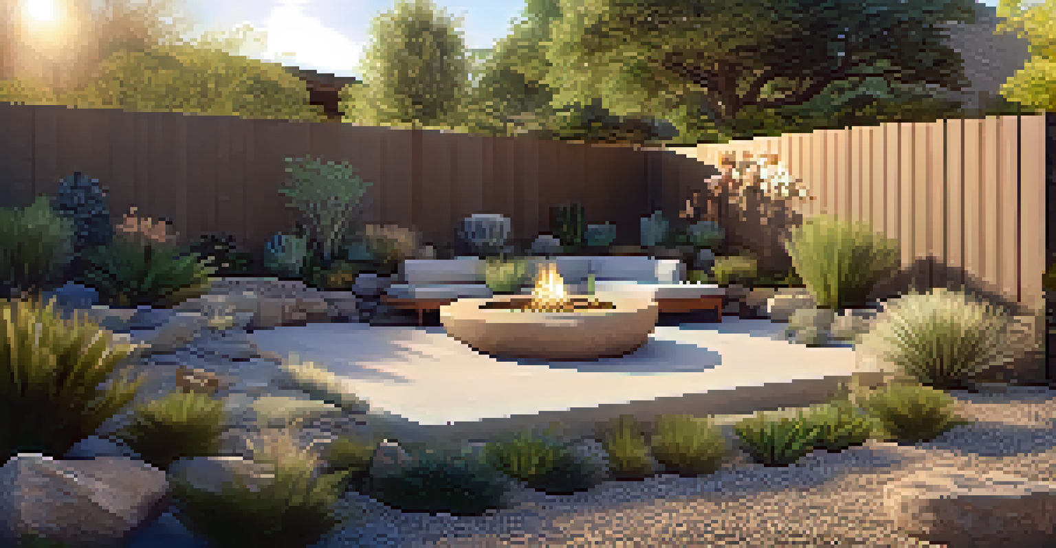 A cozy outdoor patio in a xeriscaped landscape, with seating and native plants, illuminated by soft golden hour light.
