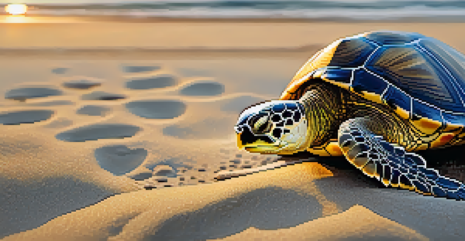 A close-up of a nesting sea turtle on a sandy beach during sunset, surrounded by seashells and dune grasses.