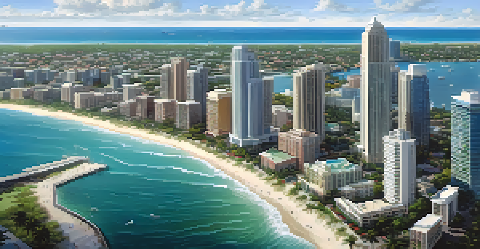 An aerial view of a coastal city in Florida, highlighting urban buildings and natural landscapes, with the ocean visible in the background.