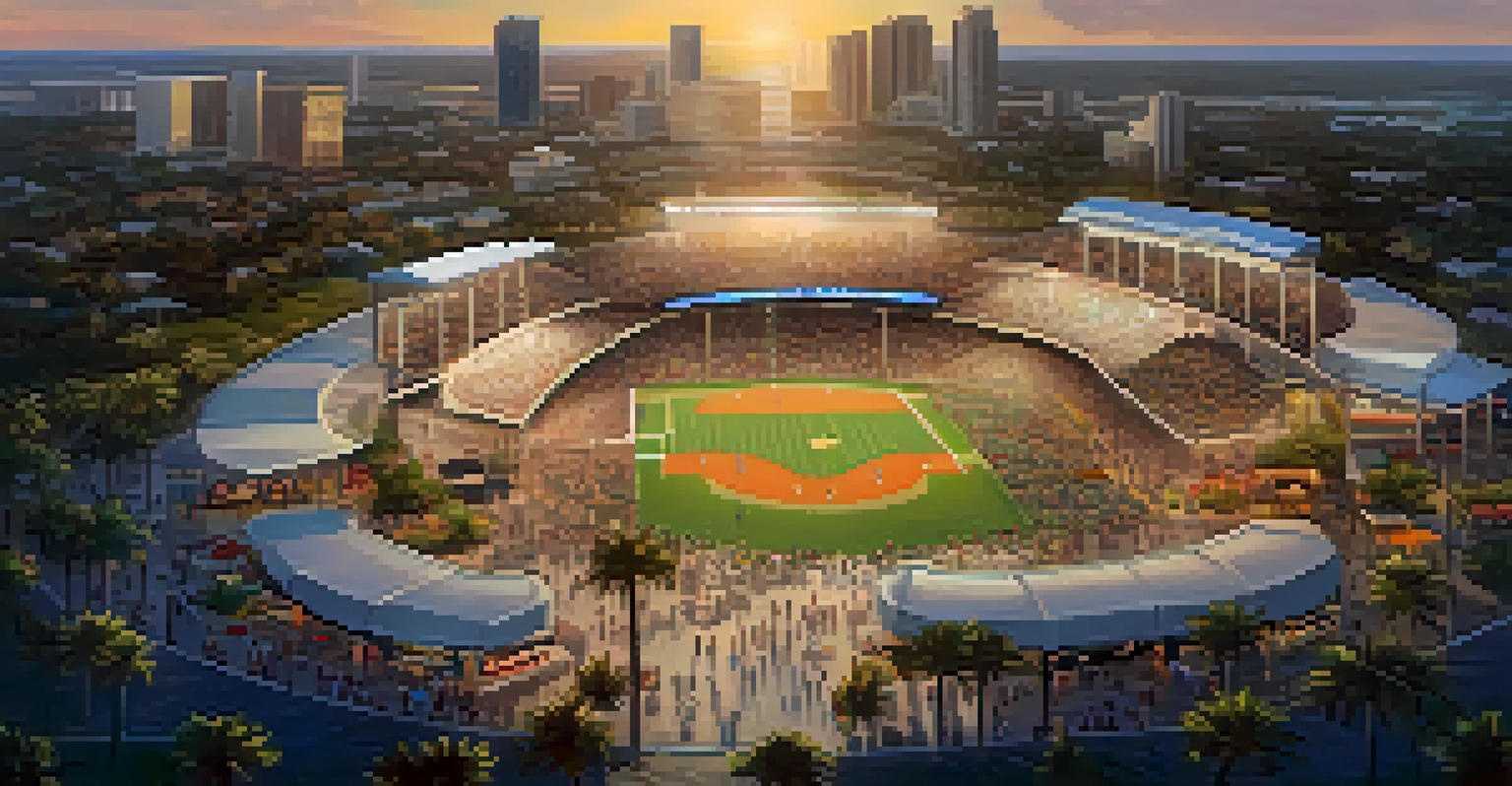 An aerial view of a vibrant sports tourism area in Florida with a modern stadium, restaurants, and parks during sunset.