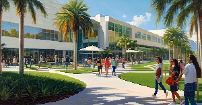 A sunny university campus in Florida with diverse students walking among modern buildings and lush greenery.