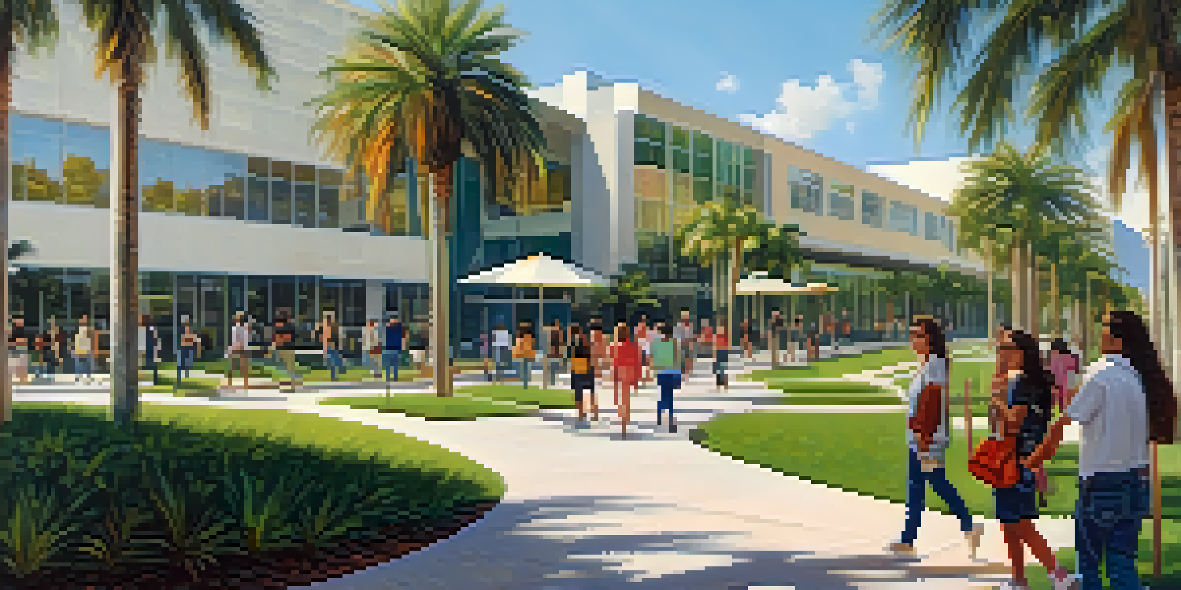 A sunny university campus in Florida with diverse students walking among modern buildings and lush greenery.