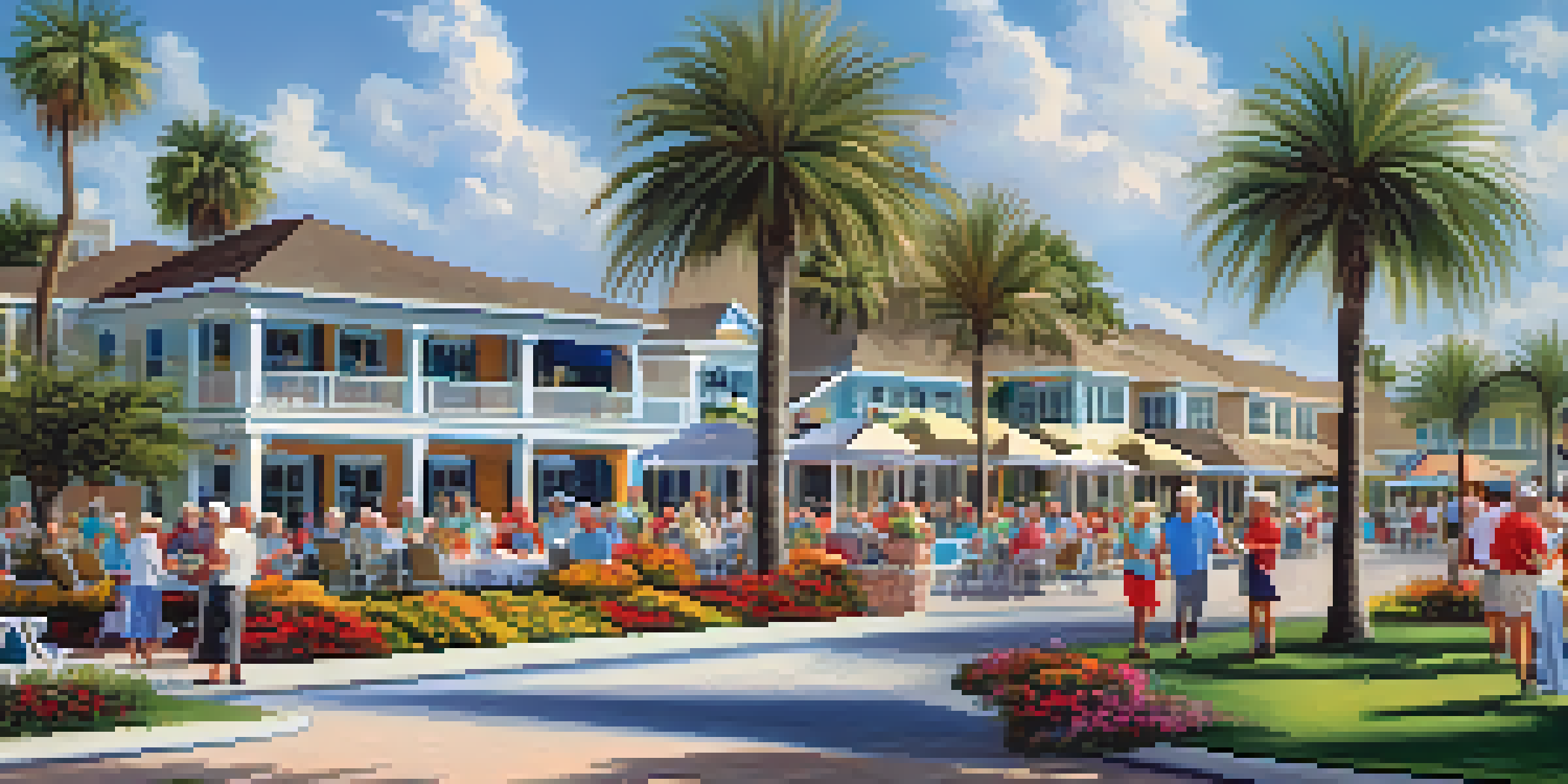 A lively retirement community scene in Florida with residents playing golf and enjoying social events under a sunny sky.