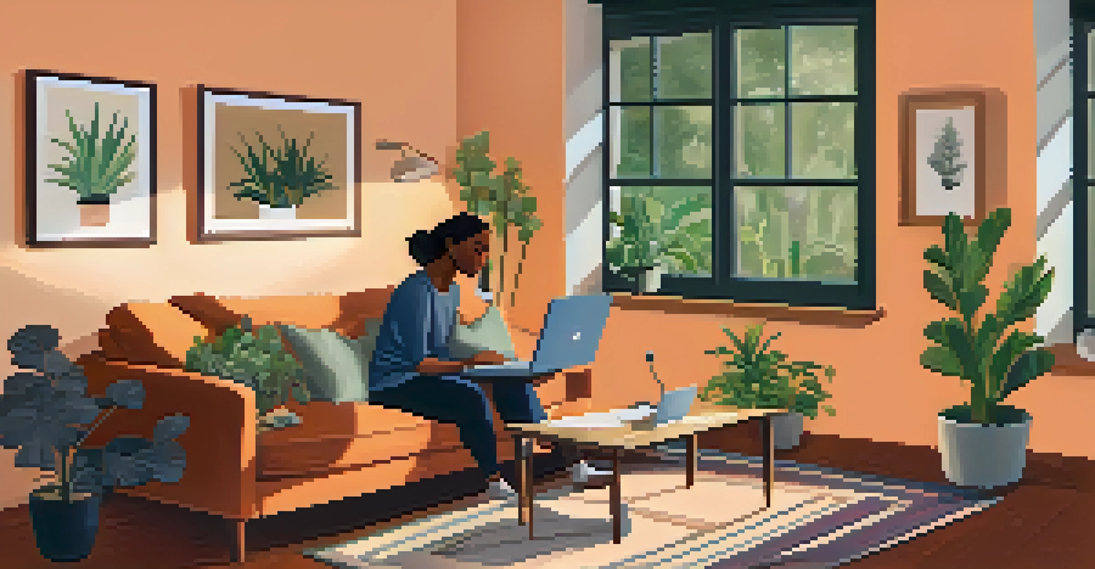 A person having a telehealth consultation at home, sitting on a couch with a laptop, in a cozy and inviting room.