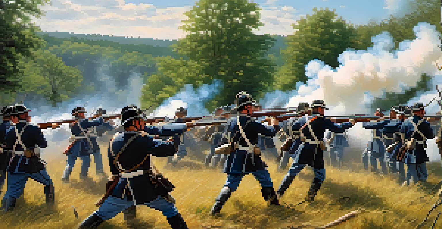 A Civil War battle reenactment with soldiers in authentic uniforms positioned dramatically in a forest backdrop with smoke from cannon fire.