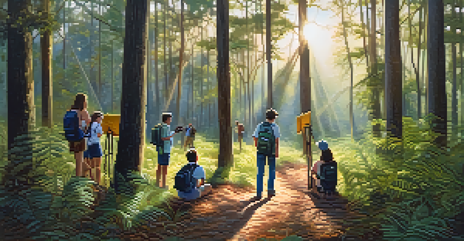 Students participating in a wildlife tracking excursion in a Florida forest, using GPS devices and field guides.
