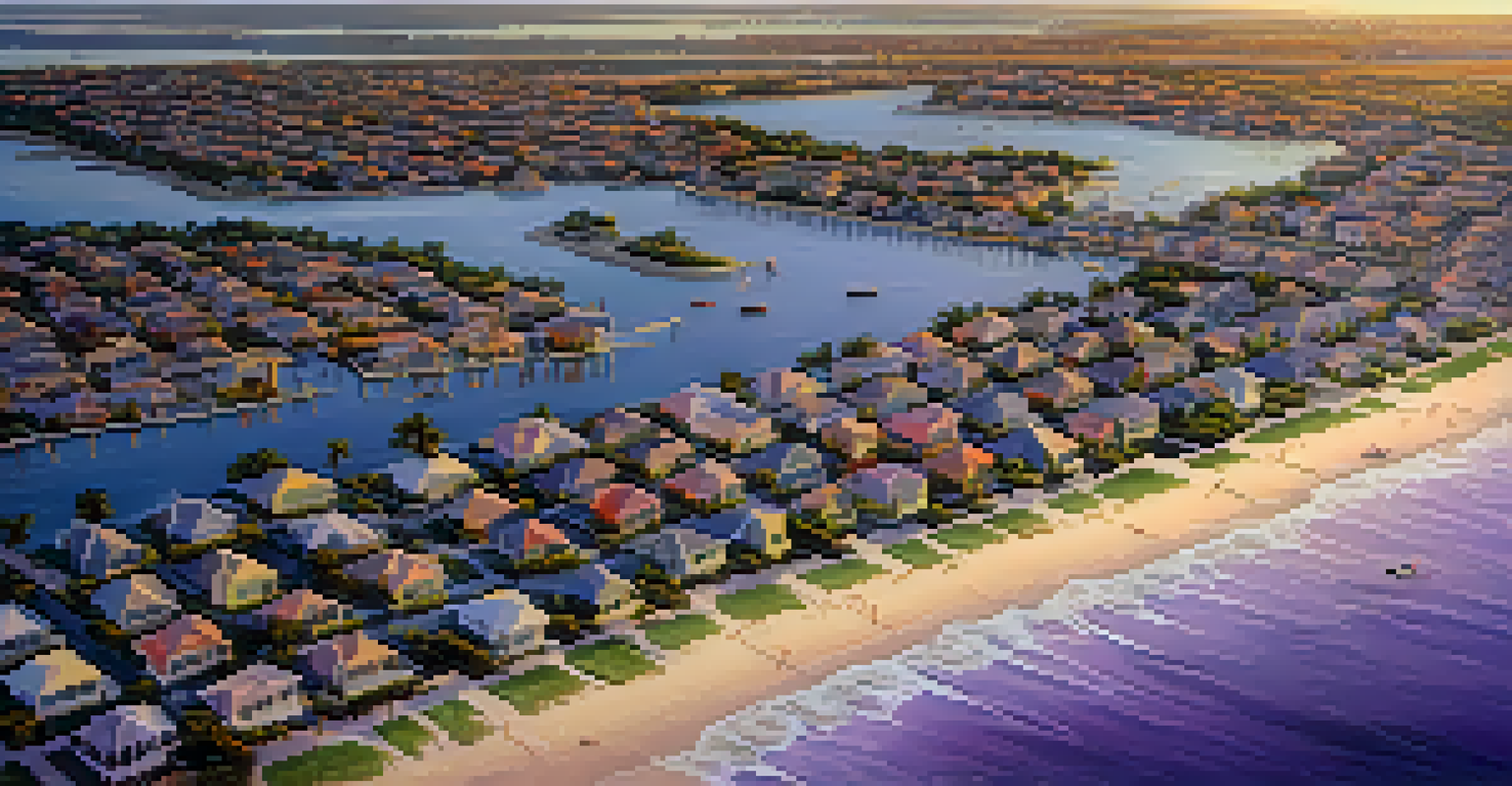 An aerial view of a coastal city in Florida showing urban areas impacted by rising sea levels at sunset.
