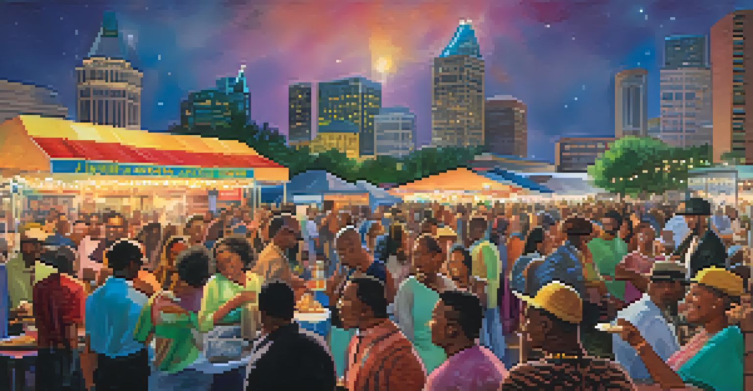 A vibrant scene from a jazz festival with musicians on stage, a diverse audience, and colorful lights in the night sky.