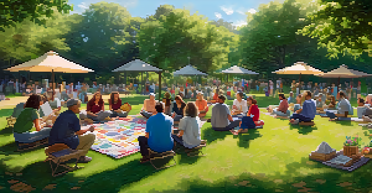 A community workshop in a park with university faculty and participants of various ages engaging in learning, surrounded by greenery and flowers.