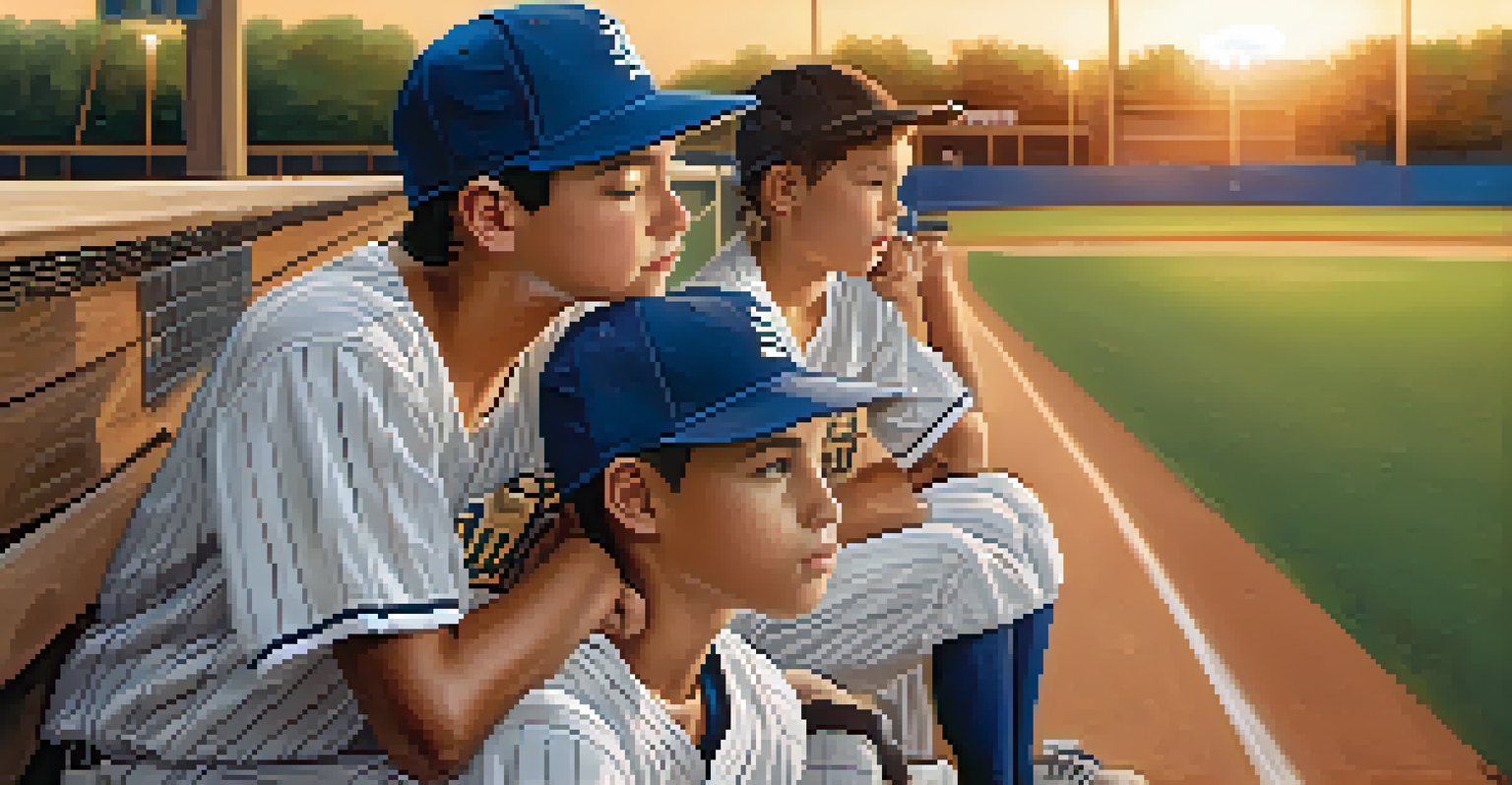 A young athlete comforting a teammate on a baseball bench after a loss, showing support and friendship.