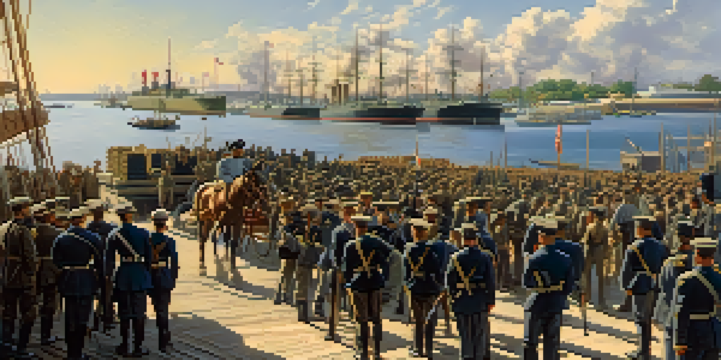 A historical scene depicting American soldiers preparing for the Spanish-American War in Tampa, Florida, with supplies and ships in the background.