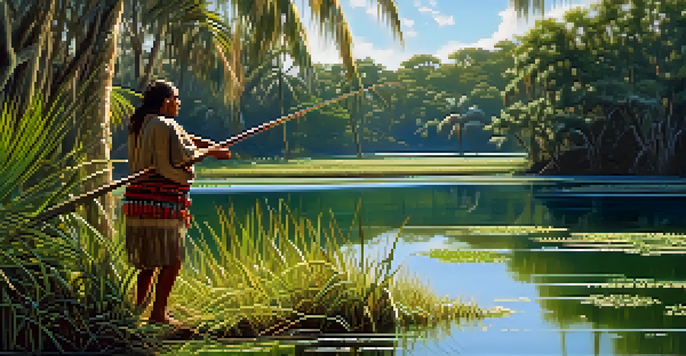 A tranquil wetland scene with an Indigenous person fishing, surrounded by lush greenery and a bright blue sky.
