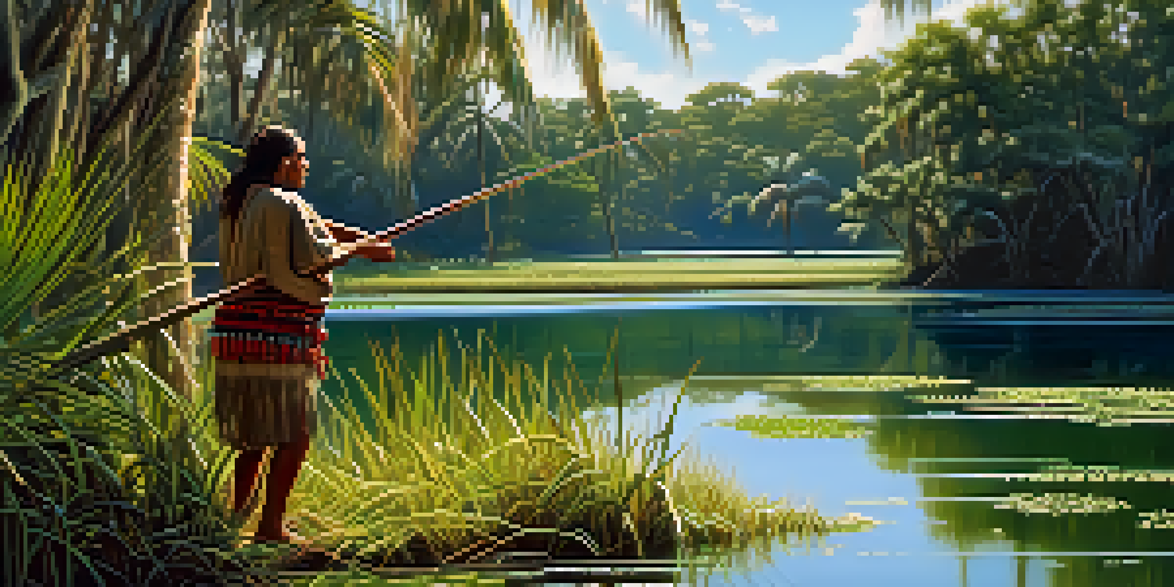 A tranquil wetland scene with an Indigenous person fishing, surrounded by lush greenery and a bright blue sky.