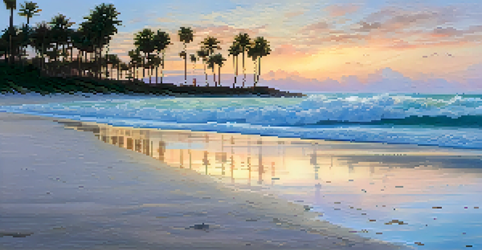 A beautiful Florida beach at sunrise with pastel colors, seashells on sand, gentle waves, palm trees, and a lighthouse.