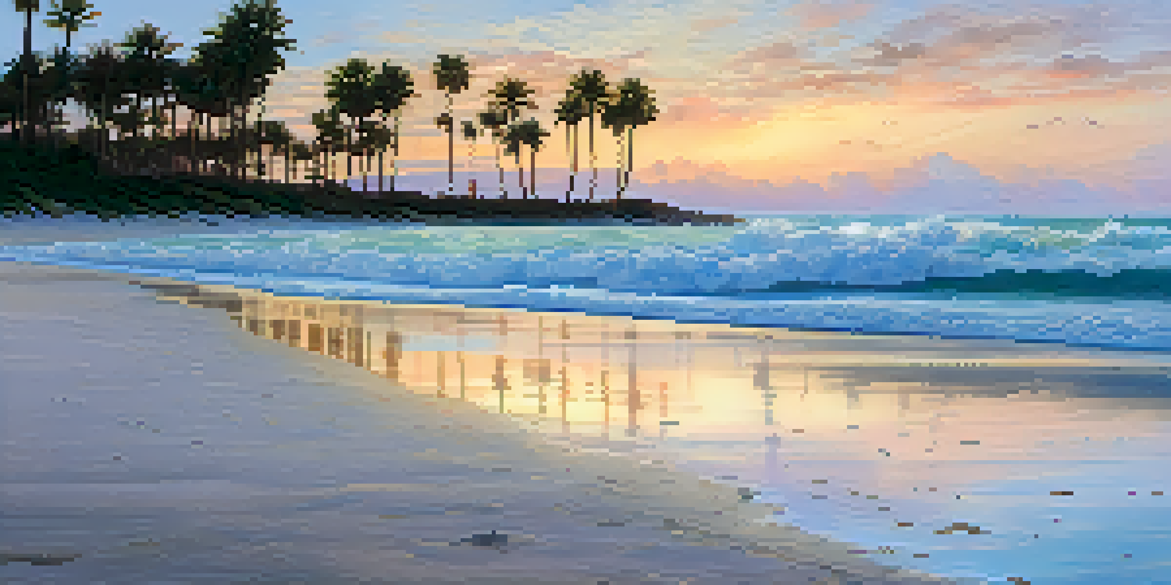 A beautiful Florida beach at sunrise with pastel colors, seashells on sand, gentle waves, palm trees, and a lighthouse.