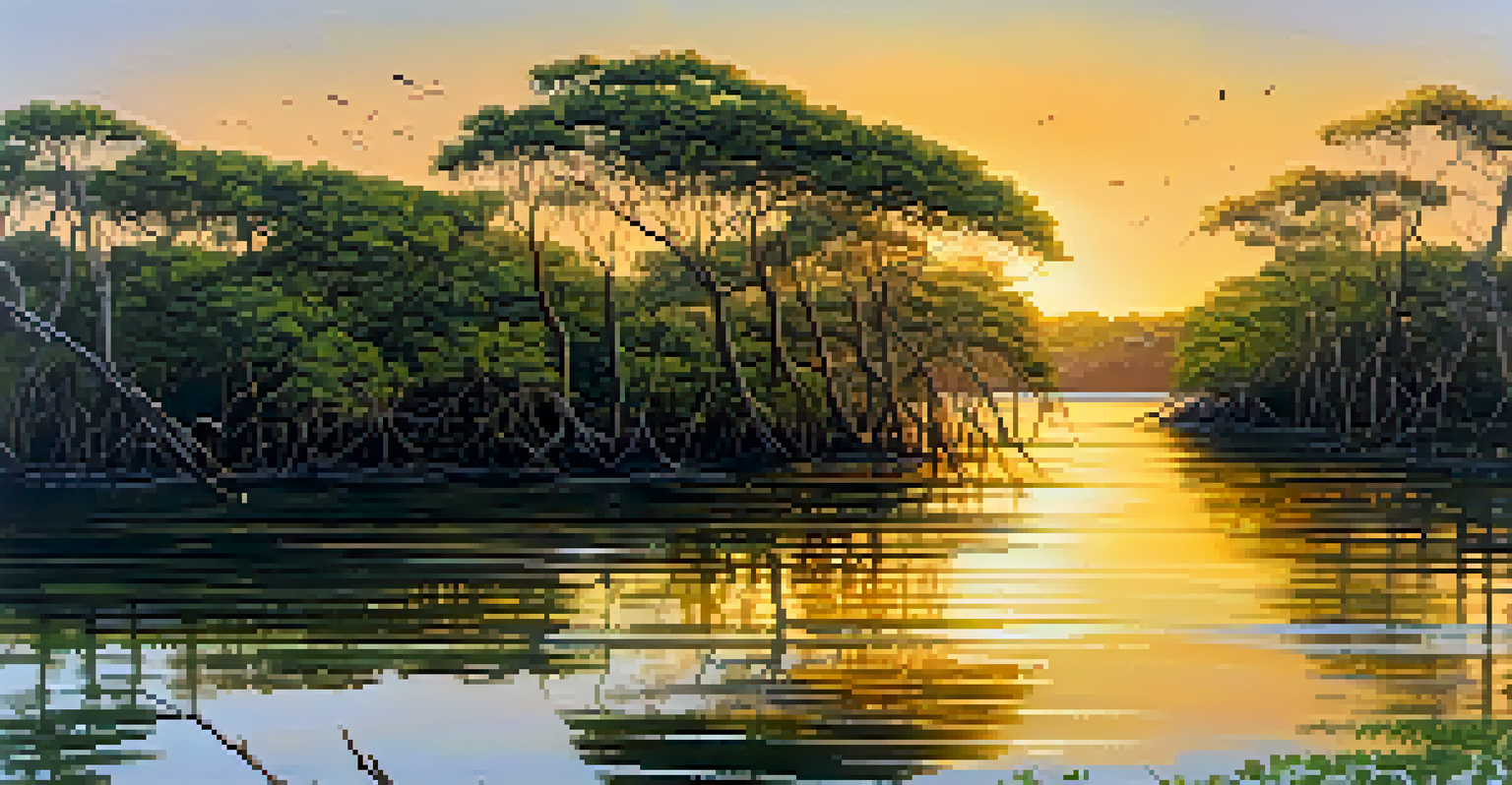 A mangrove forest along the coastline at sunset, with lush green trees and reflections on the water.