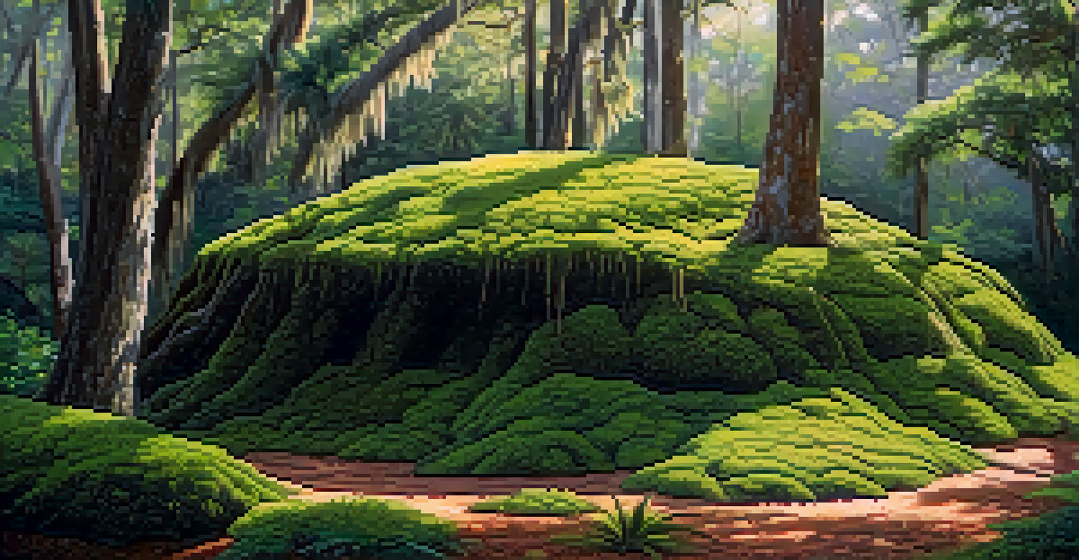 A close-up of a Native American mound in Florida, surrounded by lush greenery and morning light filtering through trees.
