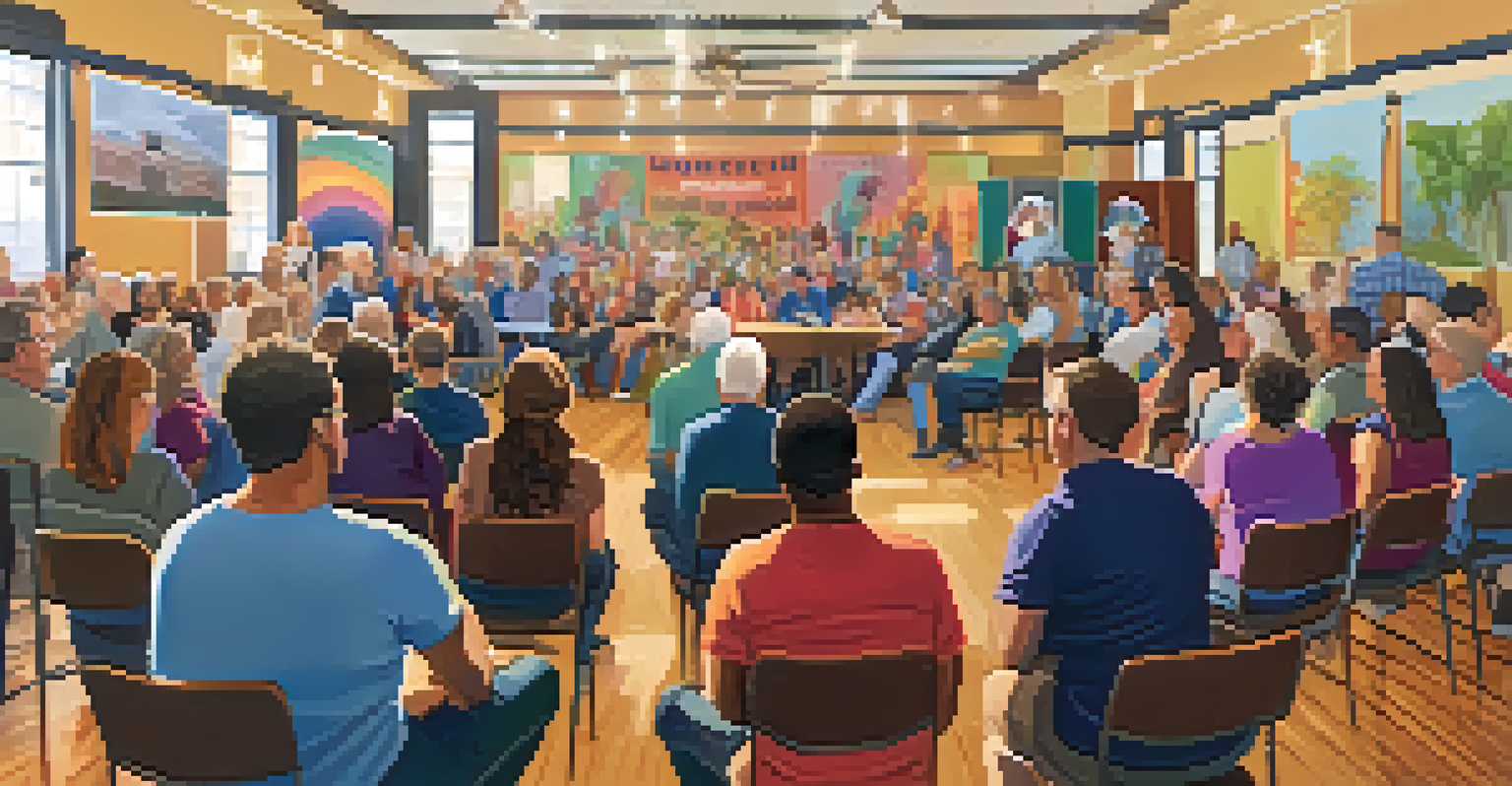 A community meeting in a town hall in Florida, with activists discussing LGBTQ+ rights and advocating for equality.