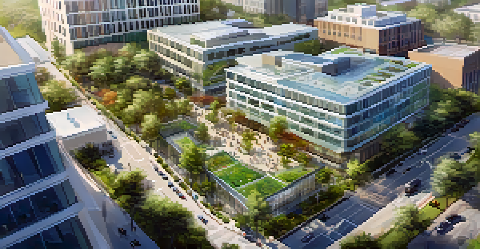 An aerial view of a healthcare innovation hub filled with startups and research facilities, featuring green spaces and modern buildings.