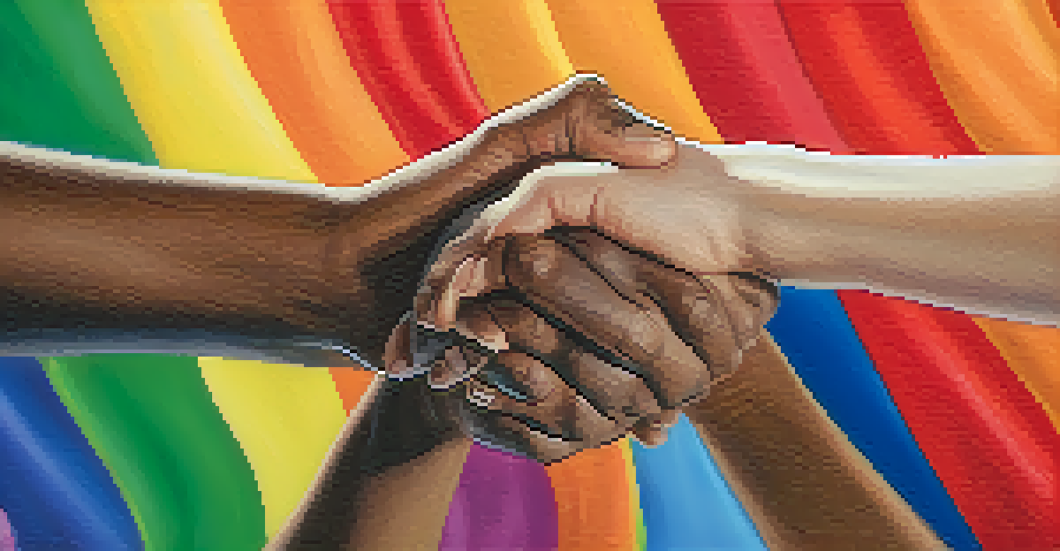 Diverse hands holding a rainbow flag, symbolizing support for LGBTQ+ rights, with a blurred background.