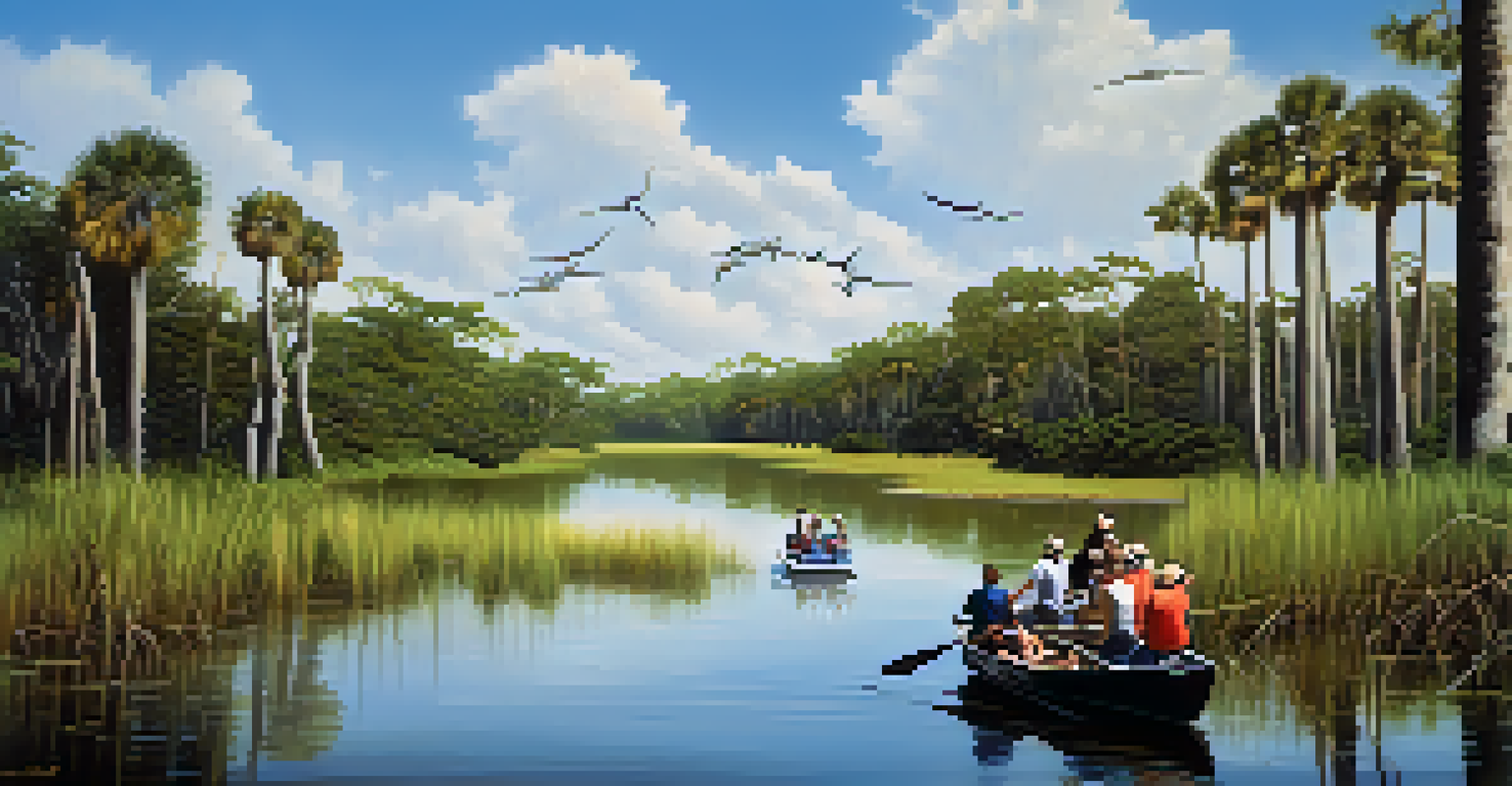A local guide showing tourists wildlife in the Everglades National Park with wetlands and trees in the background.
