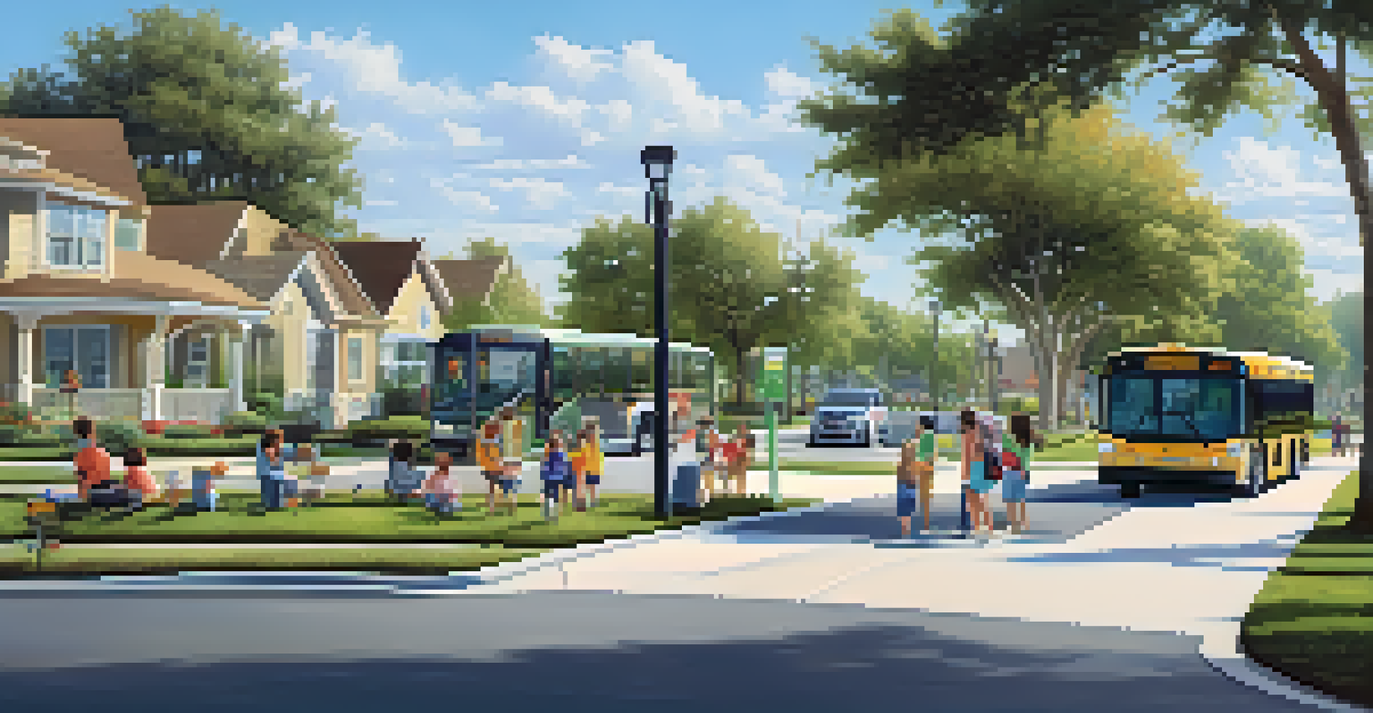 A suburban neighborhood in Florida with a new bus stop and electric buses, surrounded by homes and children playing in a park on a sunny day.