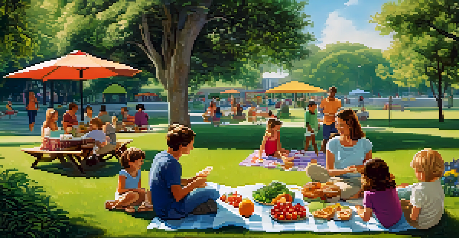 A family having a picnic with healthy food in a park, children playing in the background, and colorful flowers around them.