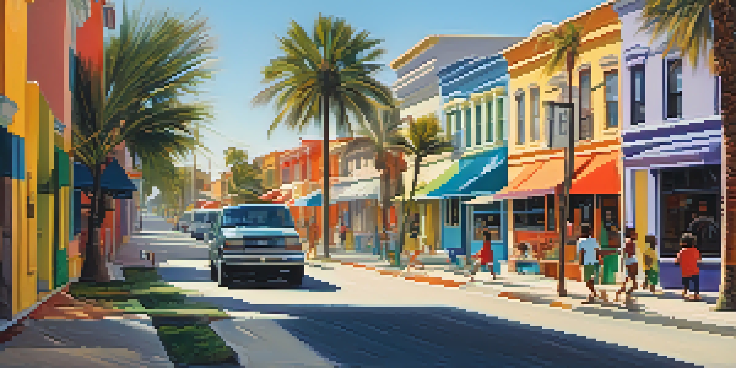 A colorful urban neighborhood in Florida showing the contrast between low-income families and wealthier areas, with children playing and local shops.
