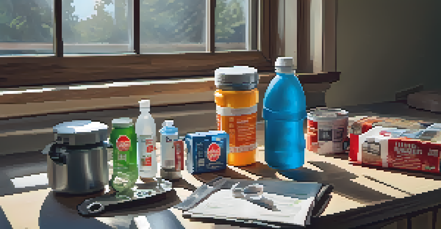 A close-up view of a disaster preparedness kit on a kitchen table, featuring water bottles, food items, a flashlight, and a first aid kit.