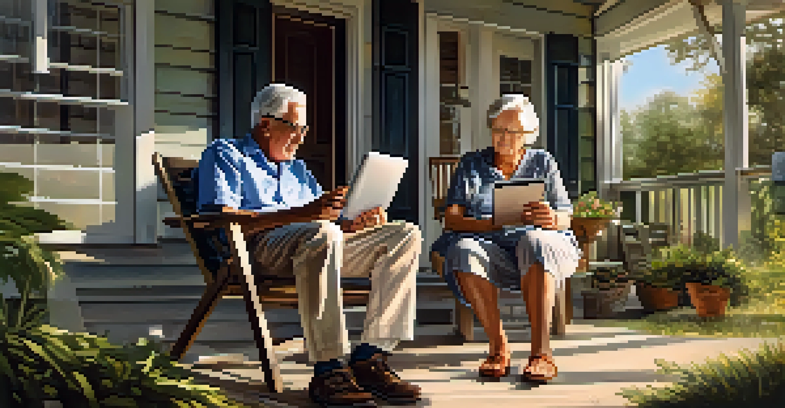 An elderly couple on a porch using a tablet for telehealth, surrounded by a rural Florida landscape.